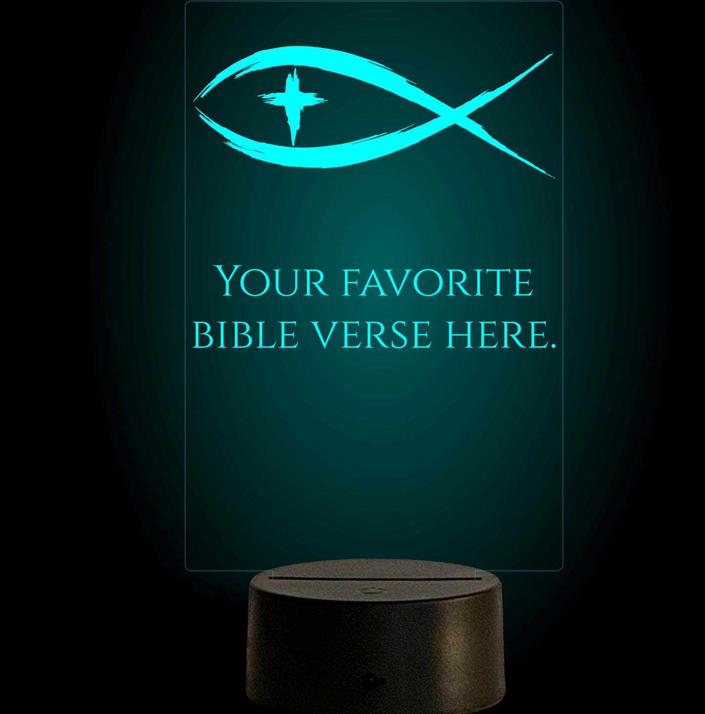 custom bible verse led light. Shown in cyan.