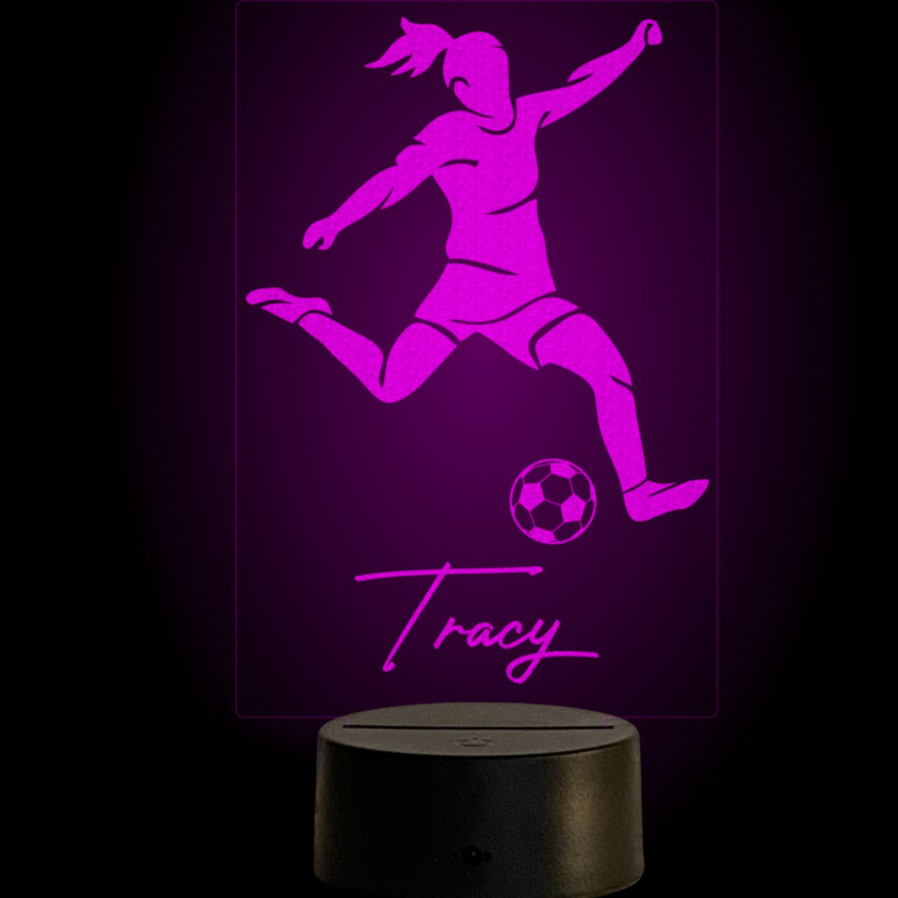 personalized soccer girl led night light. Shown in magenta.