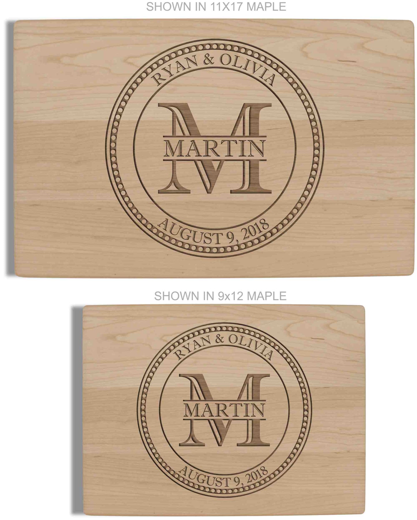 Personalized cutting board with family monogram