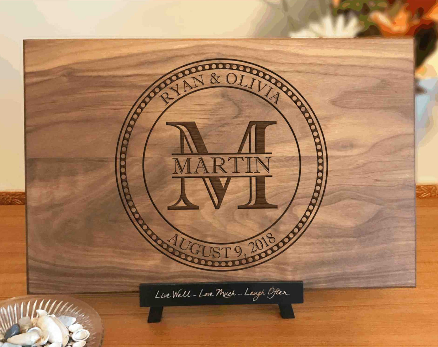 Personalized cutting board with family monogram