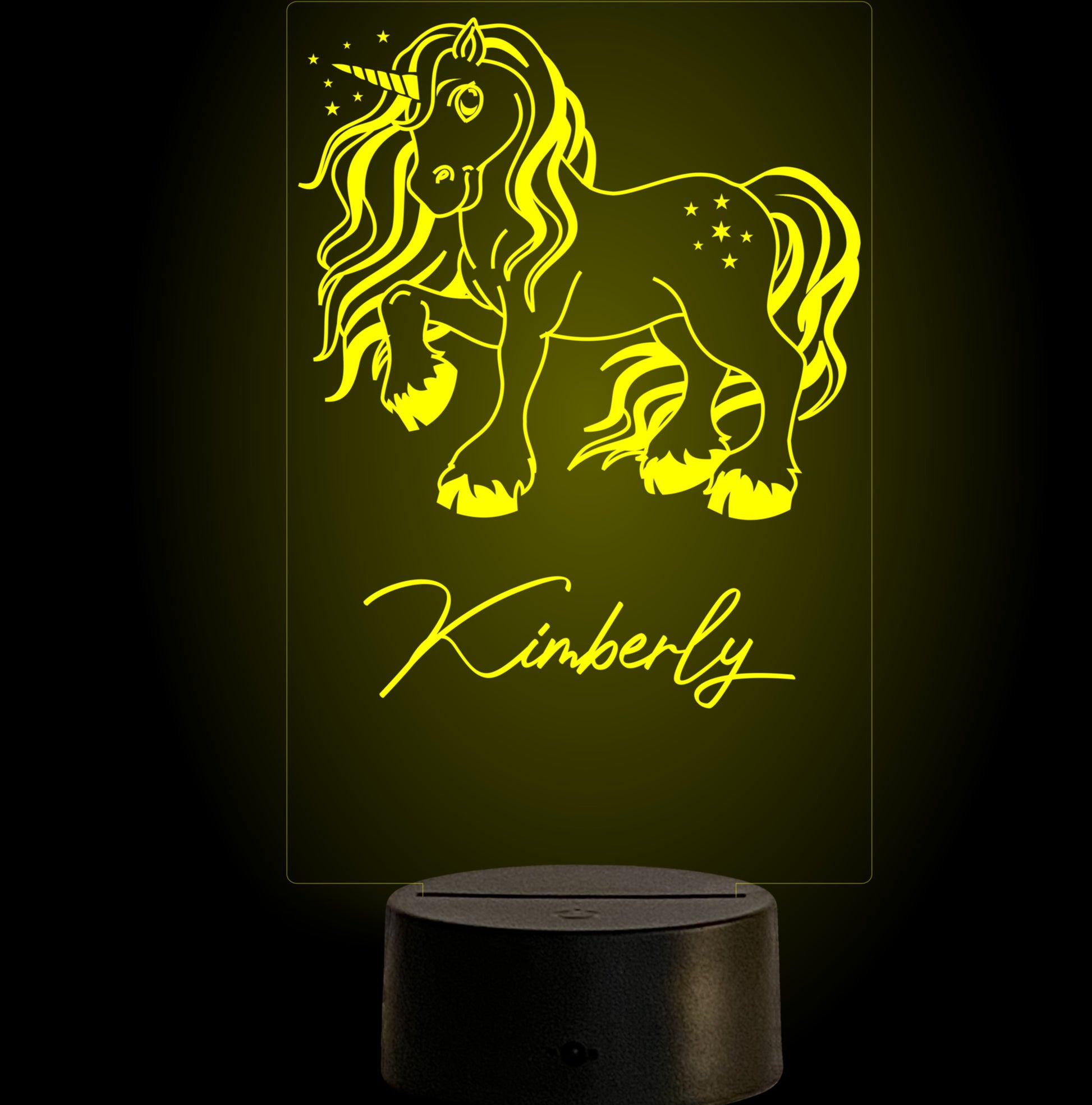 personalized unicorn led night light. Shown in yellow.